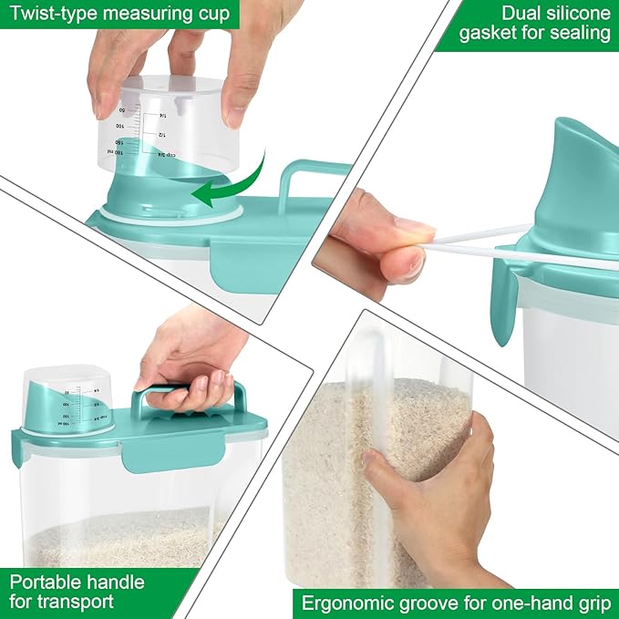 5-7 Lbs Dog Cat Food Storage Container, Portable Travel Pet Food Storage Container with Measuring Cup, Easy-Pouring Bird Seed Dispenser, Airtight Rice Cereal Oatmeal Flour Dispenser -Green