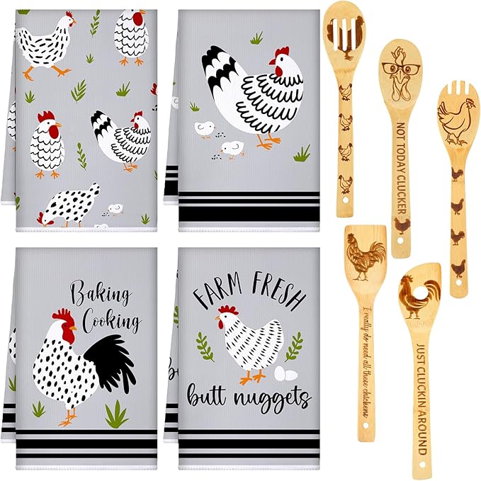 9 Pcs Farmhouse Kitchen Decor Set 4 Kitchen Towels and 5 Wooden Spoons Dish Hand Tea Towels for Housewarming Gifts Christmas Cooking Home Accessories(Rooster)