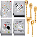 9 Pcs Farmhouse Kitchen Decor Set 4 Kitchen Towels and 5 Wooden Spoons Dish Hand Tea Towels for Housewarming Gifts Christmas Cooking Home Accessories(Rooster)