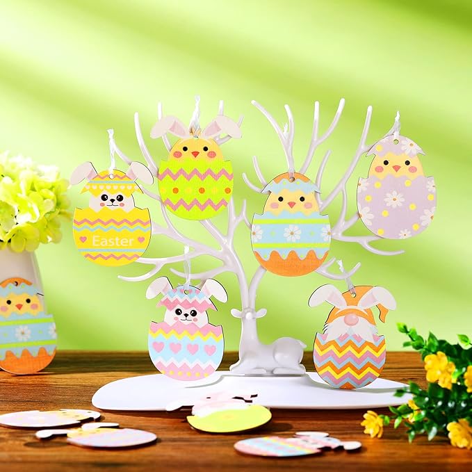 Qunclay 40 Pcs Easter Ornament Decor Easter Bunny Egg Hanging Sign for Tree Rabbit Wooden Slices Spring Wooden Cutouts with Rope for Party Home Farmhouse Indoor Outdoor(Funny Style)