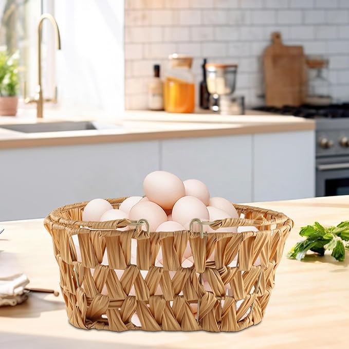 Farmhouse Egg Basket,Large Egg Collecting Basket with Handle,Wicker Basket,Egg Basket for Gathering and Carrying Fresh Eggs,Kitchen Storage Container Chicken Egg Holder Countertop