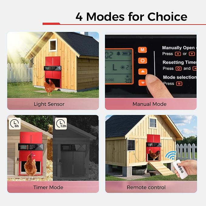 Automatic Chicken Coop Door Solar Powered, 4 Modes Automatic Chicken Door with Timer & Light Sensor, 7W Solar Charging Panel, Waterproof Aluminum Alloy Chicken Door with LED Screen (Red)