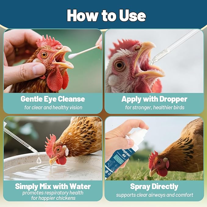 Respiratory Aid for Chicken – Natural Poultry Supplement – Drinking Water Additive – Dropper & Spray Top Included – 4Oz – Safe for All Birds