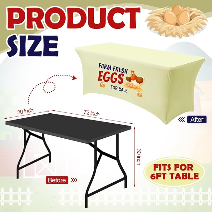 Oudain 6 ft Farm Fresh Eggs Tablecloth Stand Supplies Stretch Spandex Table Cloth Cover Rectangle Table Decor for Farmers Market Chicken Coop Small Business