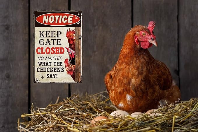Retro Funny Chicken Tin Sign,Vintage Chicken Coop Notice Metal Poster, Farm Wall Art Decor for Outdoor Home Fence Kitchen Bedroom,Gifts 8×12 Inches (KEEP GATE CLOSED)