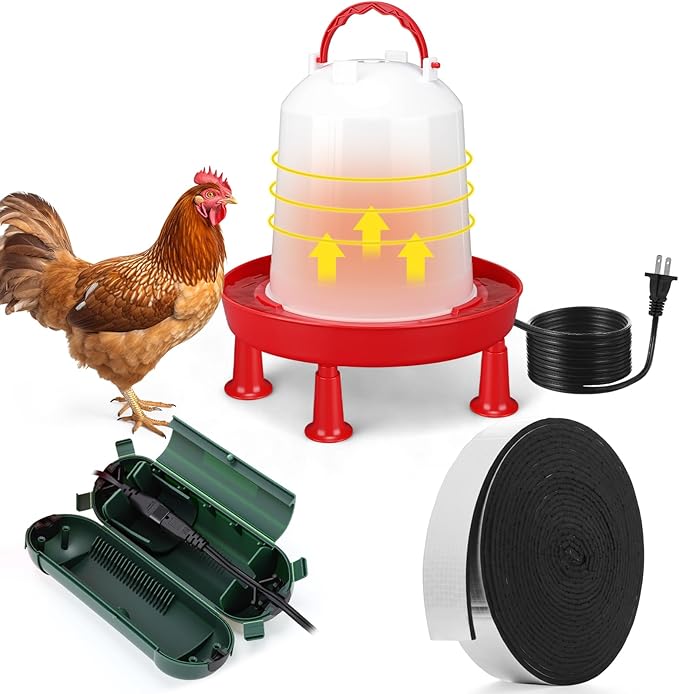 3 Pcs 1.6 Gallon 6l Heated Chicken Waterer Kit, Large Poultry Drinker with Auto-Thermostat Base, All-Season Water Heater Set with Waterproof Extension Cord Cover for Coop Garden Use