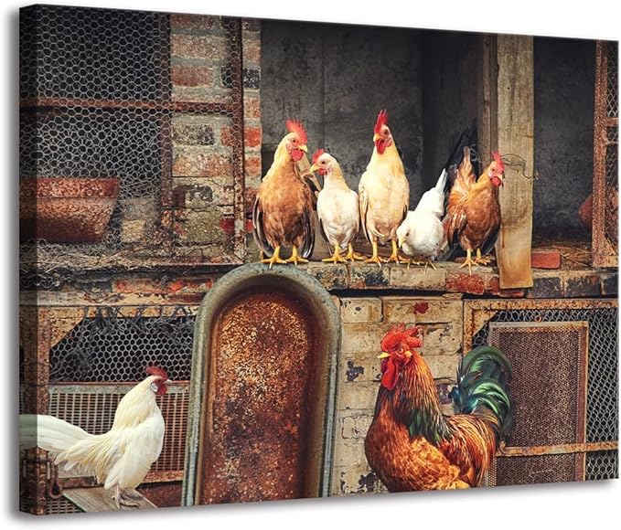 Woxfcart Kitchen Chicken Decor Wall Art, Farmhouse Rustic Barn Animal Canvas Pictures for Bathroom Bedroom Decoration, 15 x 12 Inch