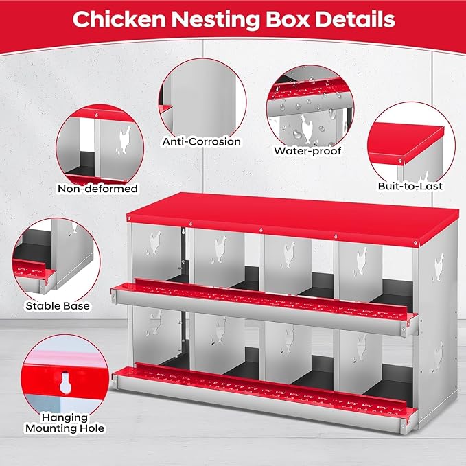 Nesting Boxes for Chickens, 8 Compartments, Nesting Boxes with 4 Dummy Eggs and 10 Dampproof Pets Mats, Red, Stainless Steel, Wall-Mountable & Roll Away Design