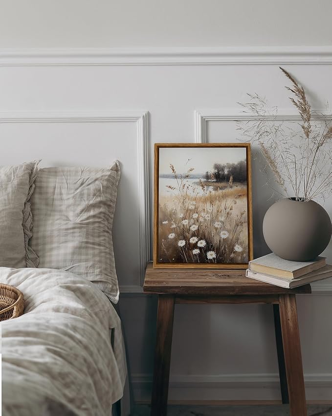 InSimSea Framed Canvas Wall Art for Living Room Fall Landscape Wall Decor Meadow with Flowers Vintage Paintings Classical Wildflower Field Scene Boho Floral Pictures Decor for Bathroom Bedroom 8x10in