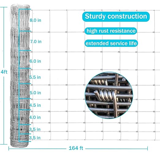 Farm Fence, 4ft x 164ft Galvanized Wire Fencing, Goat, Sheep & Deer, Durable Chain Link Fence, Heavy Zinc Coating Wire Used to Hog Goat Fencing for Yard Garden and Field