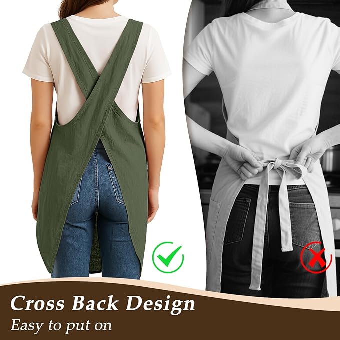 Apron for Women with Pocket Cotton Linen, Japanese Cross Back Apron for Gardening Painting