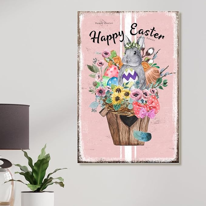Wood Sign French Style Floral Pink Stripes Sign Happy Easter Flower Basket Bunny Wooden Door Hanging Signs Farmhouse Easter Decor Happy Spring Wall Decor Sign for Living Room 8x12in