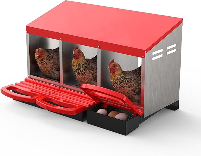 Metal Chicken Nesting Box with Easy-Collect Tray & Lid – 3/4/2x2 Compartment Heavy Duty Roll Away Nesting Boxes for Chickens, Wall Mount or Freestanding, Galvanized Steel Hen Laying Box for Coop
