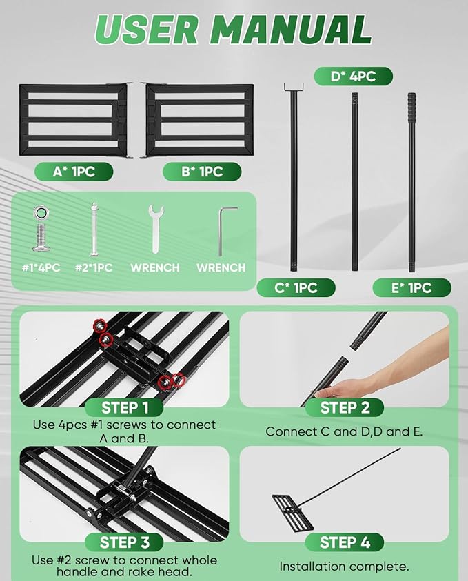 Saker Lawn Leveling Rake 30x10 Inch, 73-Inch Heavy Duty Lawn Leveler Tool with Stainless Steel Handle for Lawns, Backyard, Garden, Golf Course, Farm - Black