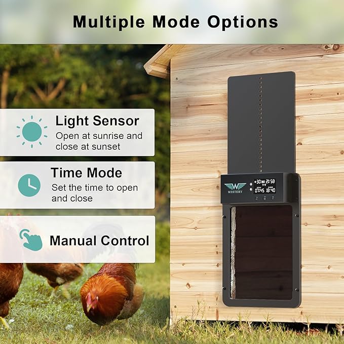 Automatic Chicken Coop Door Solar Powered with Timer & Light Sensor, LCD Display, Remote Control, Multiple Modes Aluminum Auto Chicken Coop Door Solar, Anti-Pinch & Weather Proof