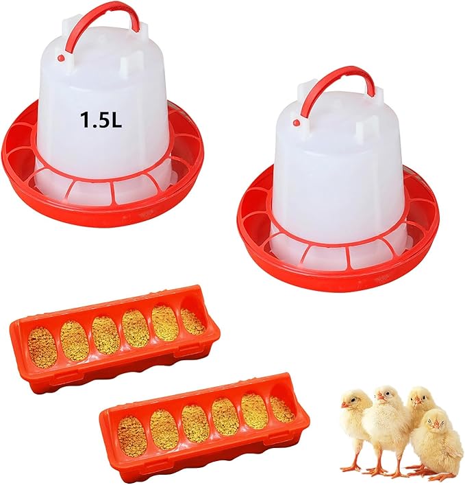 Chicken Feeder and Waterer Set, 2pcs Chick Feeders and 2pcs Chicken Waterer, 1.5L Chicken Water Dispenser, Poultry Drinker Chick Waterer Kit, No Spill Design for Baby Chicks, Ducklings