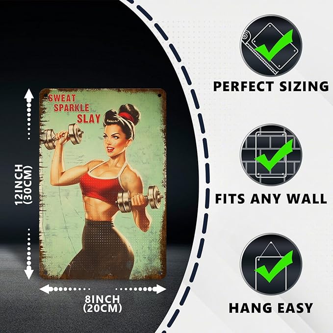 Fitness Girl with Dumbbells Motivational Wall Art Poster Sweat Sparkle Slay Tin Sign Gym Decor for Home & Office Decor Bedroom Bathroom Cafe 8x12Inch