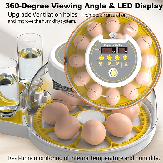 Egg Incubators for Hatching Eggs, 8/30 Chicken Egg Incubator with Automatic Egg Turning, Temperature Control & Humidity Display, Egg Candler, Home Use for Chicken, Duck, Quail - 2 Egg Trays Yellow