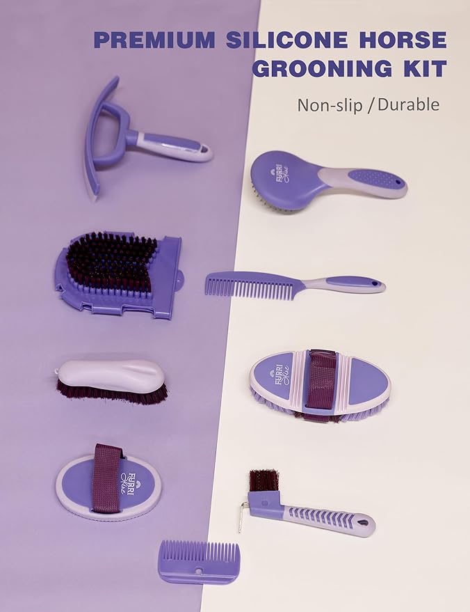 11-Piece Professional Horse Grooming Kit with Waterproof Tote Bag, Non-Slip Silicone Grip Brush Set, Curry Comb, Hoof Pick & Mane Comb Sugar Taro
