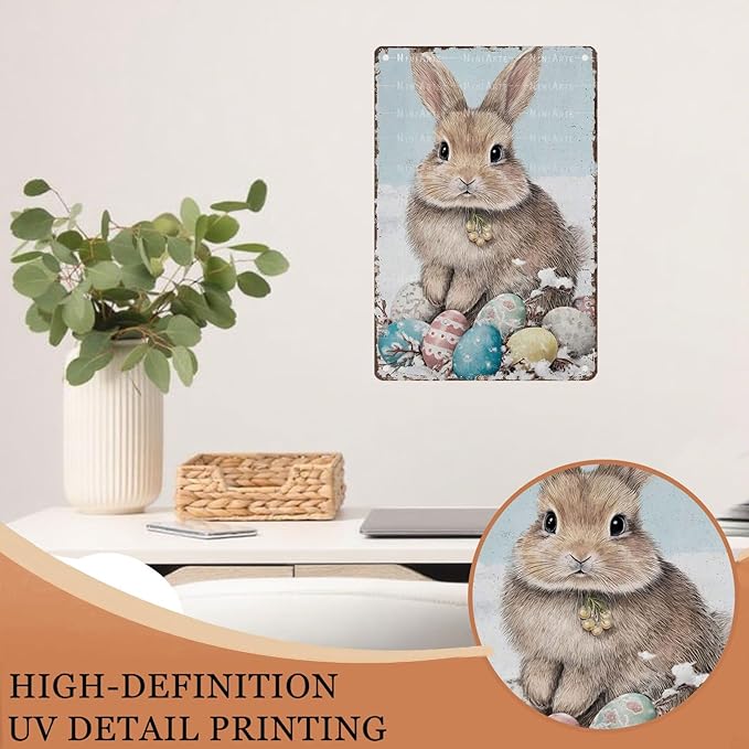Easter Bunny Rabbit Metal Tin Sign Painting Rabbit Vintage Sign for Home Kitchen Cafe Rustic Easter Decorations Gifts 8X12Inch