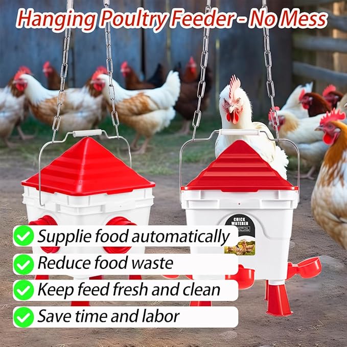 Chicken Feeder and Waterer Set, 13 lb No Waste Automatic Chicken Feeder Bucket & 2 Gallon Gravity Chicken Waterer, Poultry Feeder Kit with Vegetable Hanging Net, Chicken Coop Accessories for Hens