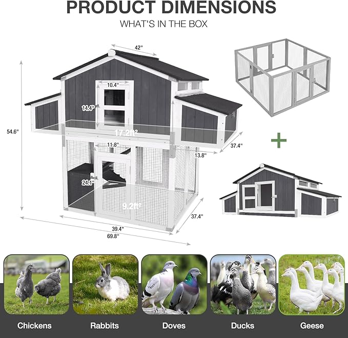 Large Chicken Coop for 6-8 Chickens, Double Folding Wooden Chicken House with 2 Nesting Boxes, Reinforced Iron Frame, Pull-Out Tray & Waterproof Roof, Outdoor Poultry Cage-(Black)