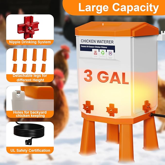 3-Gallon Heated Chicken Waterer for Winter, Chicken Water Heater with 4 No-Freeze Nipples, Easy-Fill Winter Hanging Chicken Waterer, Clean & Heated Chicken Water for Chickens, Birds