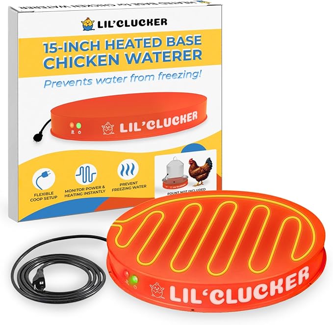 Lil'Clucker Heated Base for Chicken Waterer – Automatic Metal Freeze Proof Heated Chicken Waterer with Heater & LED – Poultry Heated Waterer for Winter (Orange, 15 Inch)