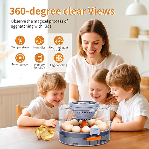 Incubator, Egg Incubator, Incubator for Hatching Eggs with Egg Candler, Automatic Egg Turner, Temperature& Humidity Control for Chicken, Duck, Quail,Goose, Carrying Handle Design,360° Viewing