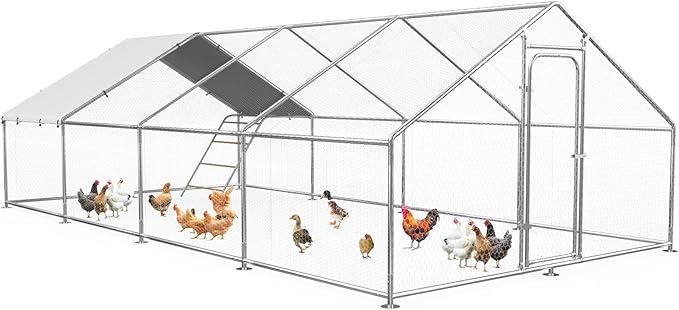 Large Metal Chicken Coop Run with Roosting Perch– Outdoor Waterproof & UV-Resistant Cover for Chickens, Ducks, Rabbits, and Hens in Yard or Farm Use Spire Roof(13.1'Wx26.2'Lx 6.5'H)
