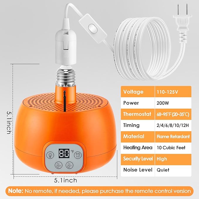 Enhon 2 Pack Chicken Coop Heater, Timing Heat Lamp for Chickens, Smart Temperature Control Chicken Brooder Heater, 5 Ft Ultra Long Cable Reptile Heating Lamp for Chicks Duck Dog Cats, No Remote