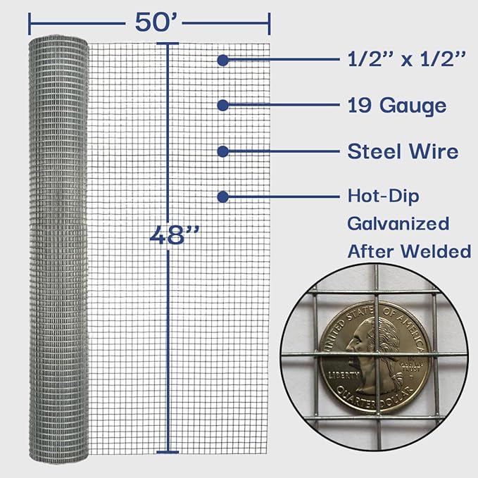 Hardware Cloth, Chicken Wire 1/2 in. x 4 ft. x 50 ft. 19-Gauge, Galvanized Wire Mesh Roll, Chicken Wire Fence Roll, Welded Wire Fencing, Garden Fence, Wire Cloth, Snake Fencing, Hardware Mesh