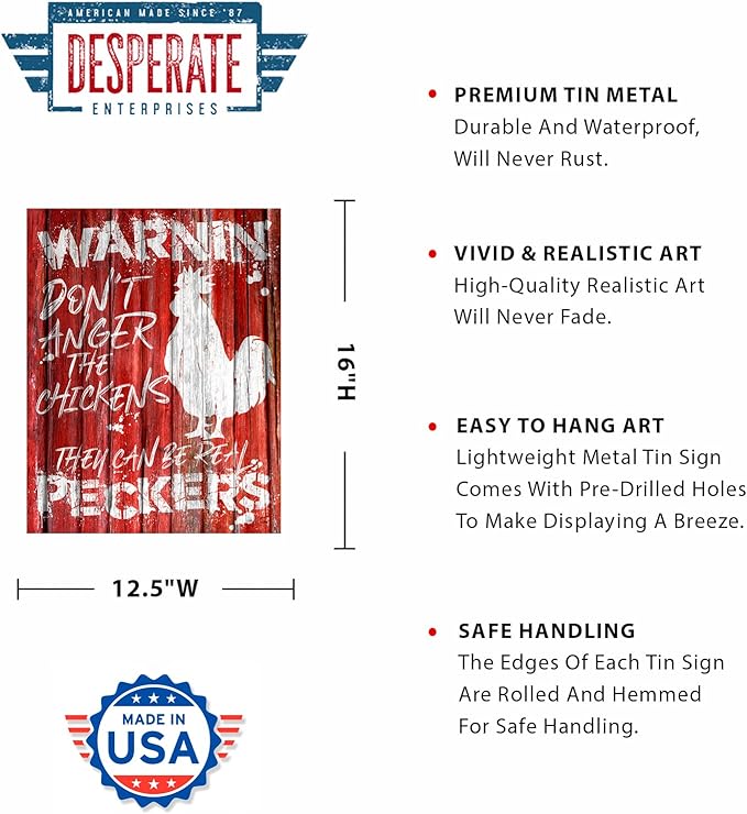 Desperate Enterprises Chicken Warning Tin Sign - Nostalgic Vintage Metal Wall Decor - Made in USA
