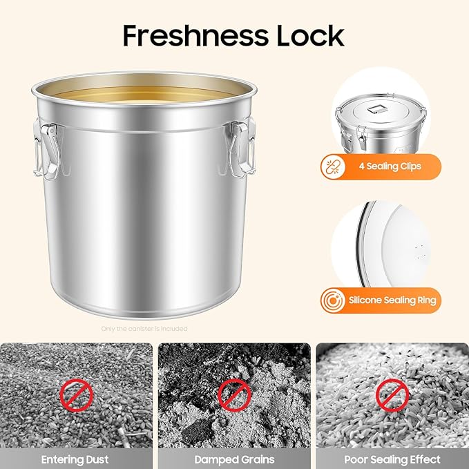 48L (12.68 gal) Stainless Steel Food Storage Container with Lid, Airtight Locking Bucket for Rice, Flour, Pet Food - Food Grade 304, Commercial & Home Kitchen (12.68 gal)