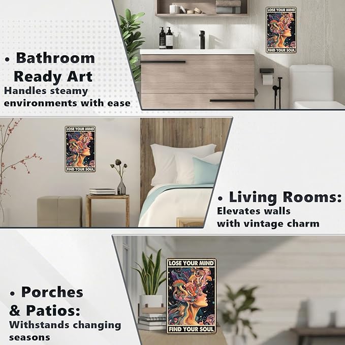 Vintage Mushroom Tin Sign Lose Your Mind Find Your Soul Retro Metal Poster Funny Wall Art Cafe Office Wall Decorations for Home Bar Pub Club Shop Man cave Kitchen Yard Toilet 12 * 8 In