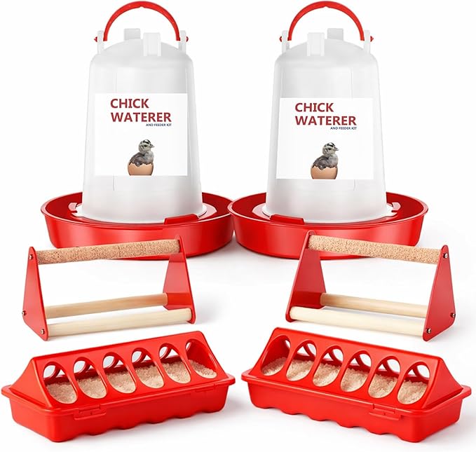 Chick Feeder and Waterer Kit, 6 Pcs Baby Chicken Supplies with Large 0.4 Gal Chick Waterer, Plastic Feeder Trough and Perch, Chicken Starter Kit for Coop and Brooder for Small Poultry Quail (Red)