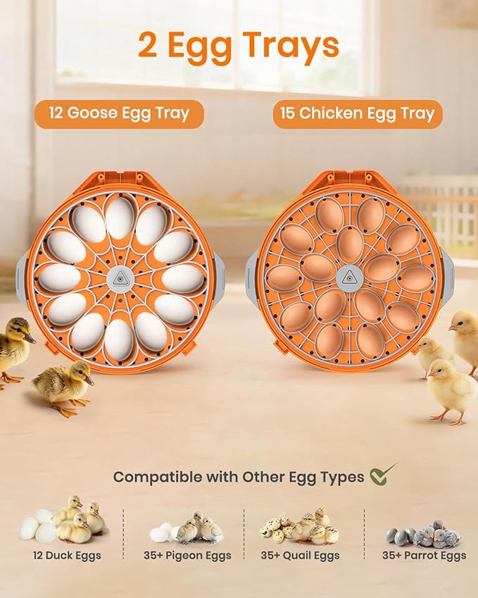 Incubators for Hatching Eggs,15 Egg Incubator with Automatic Egg Turner,Temperature & Humidity Control，Egg Candler,Incubators with 2 Trays, 360° Viewing for Hatching Chicken Duck Goose Quail Bird