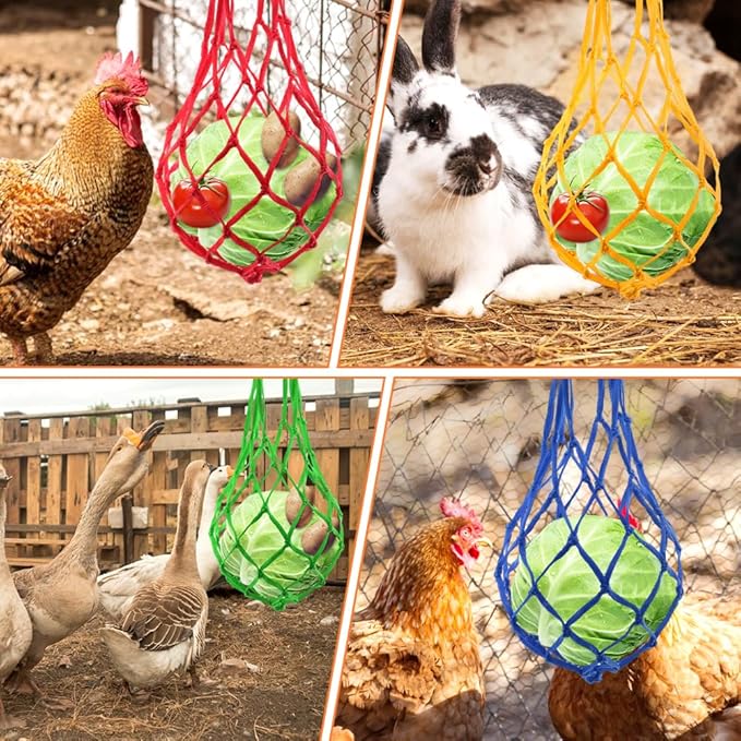 Balana 4pcs Chicken Vegetable String Bag Poultry Fruit Holder Chicken Cabbage Feeder Treat Feeding Tool with Hook for Poultry, Hens, Duck(Size:32g)