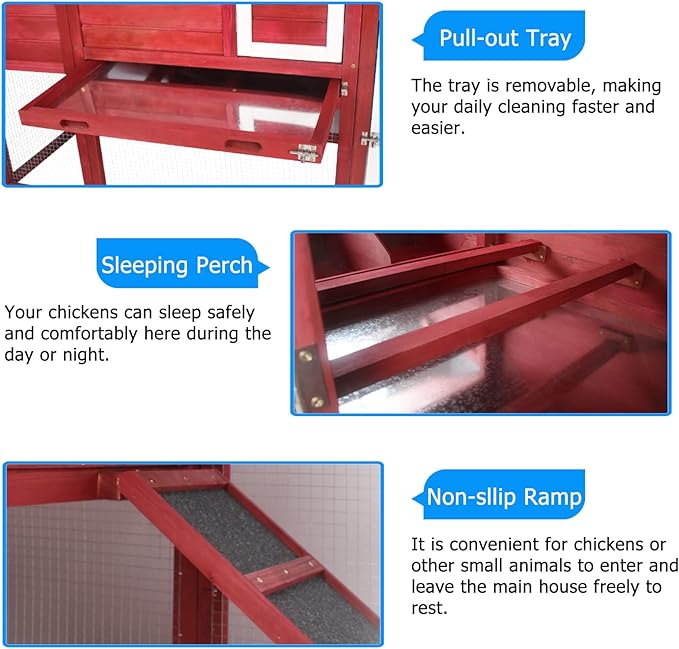 PetsCosset Chicken Coop Wooden Backyard Hen House - Indoor Outdoor for 2-3 Chickens, 2 Story Poultry Cage with Run, Chicken Nesting Box, Pull Out Trays and Anti-Slip Asphalt Ramp