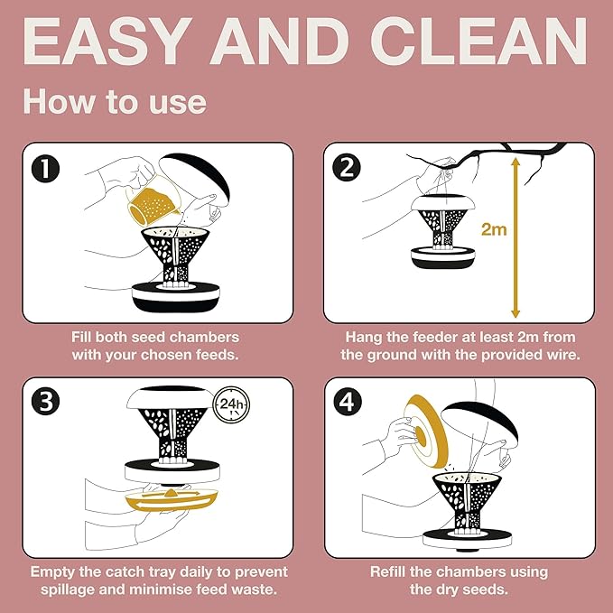 SWISSINNO Bird Feeders - No Mess Hanging Bird Feeder for Outdoors - Smart Birds Davos Spill Proof Wild Cardinal & Small Bird Feeder with Integrated Seed Catcher Tray - Dual Chamber - Dusty Rose