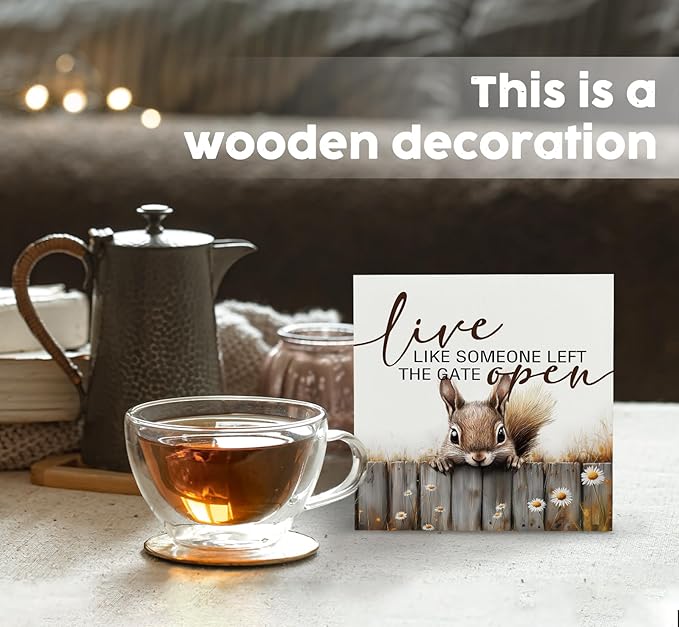 Squirrel Sign - Squirrel Gifts For Women, Live Like Someone Left The Gate Open Wooden Box Signs, Farmhouse Wood Decoration Home Decor For Desk Table Shelf 5x5 Inch
