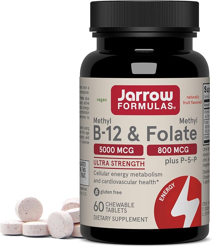 Jarrow Formulas Methyl B-12 & Methyl Folate, Bioactive Vitamin B9 and Vitamin B12 Supplement, Supports Cellular Energy Production, Healthy Brain Function & Metabolism, 60 Chewable Tablets, 60 Servings