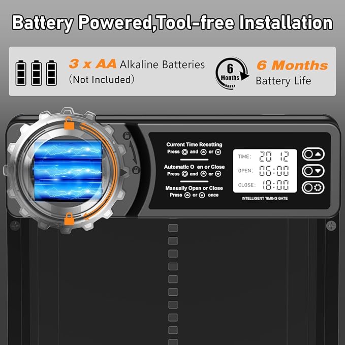 Automatic Chicken Coop Door, Battery Powered Chicken Door with Display Screen, Timer Function, Anti-Pinch Safety Design, Aluminum Alloy Auto Coop Door for Chickens