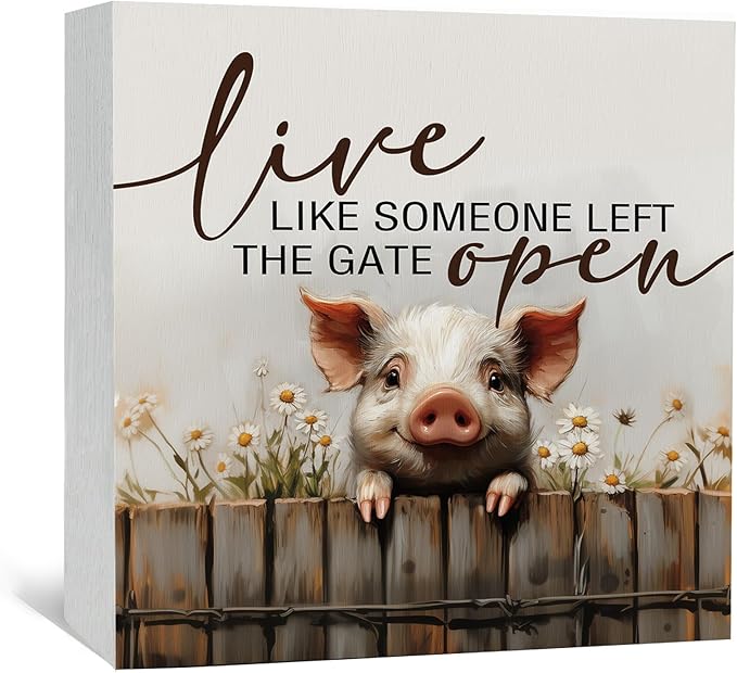 Pig Signs - Farm Cottagecore Animal Office Kitchen Bedroom Decor,Rustic Farmhouse Live like Someone Left the Gate Open Home Decor Wooden Signs,Pig Gifts for Women,8x8