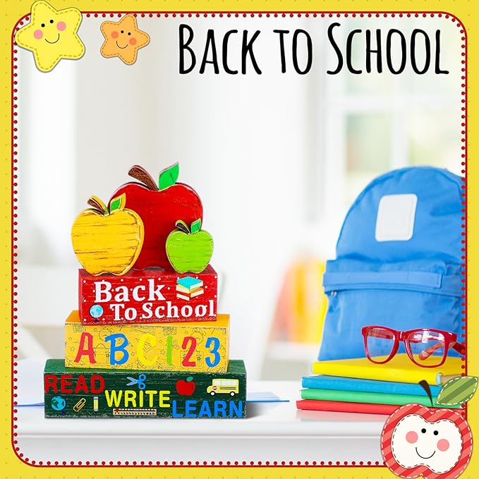 Geelin 4 Pcs Back to School Wooden Decor Apple Tiered Tray Decor Mini Wood Book Stacks Pencil Decorative Books Rustic Farmhouse Signs with Tag for Tiered Tray First Day of School Students
