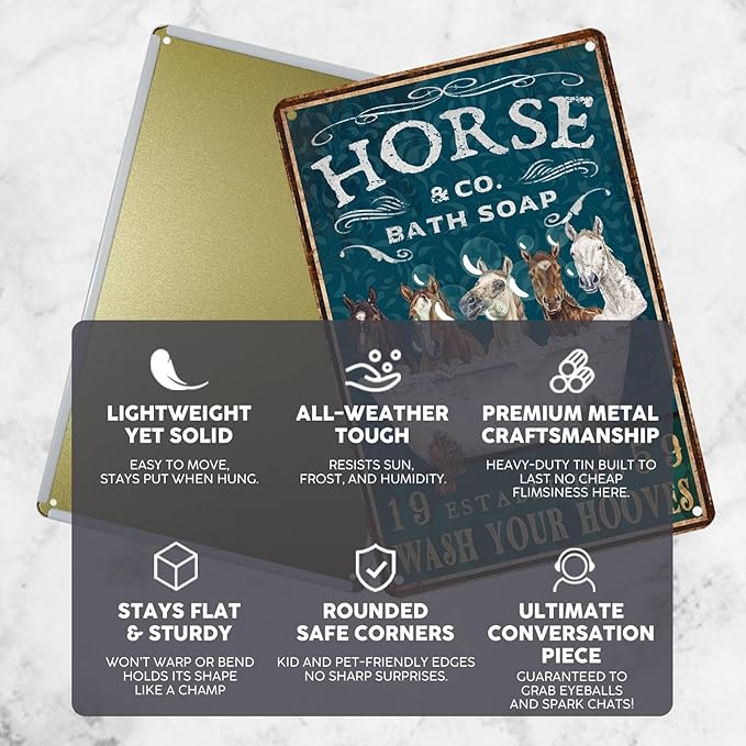 Vintage Horse Tin Sign Bathroom and Bathtub Retro Bath Soap Wash Your Hooves Metal Sign Funny Nostalgic Wall Decor Decorations for Home Farmhouse Farm Room Cafe Shop Toilet Bar 12 * 8In