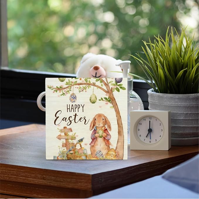 Rustic Easter Bunny Wooden Box Sign Desk Decor, Happy Easter Rabbit with Egg Spring Botanical Wood Signs for Bedroom Home Office Desk Table Shelf Decorations, 5x5 Inch