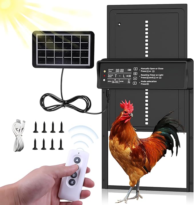 Solar Powered Automatic Chicken Coop Door,Solar Chicken Coop Door with Remote Control, LCD Display Automatic Chicken Door Function with Timer, Light Sensor, Anti-Pinch,Made of Aluminum Alloy and ABS