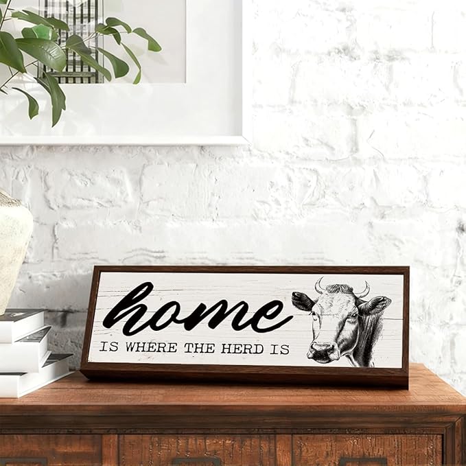 Rustic Home Sign, Home is Where the Herd is Sign, Cow Decors, Farmhouse Wall Decor Art, Funny Front Door Decors, Living Room Decor, Housewarming Gift 9.5x3.1x1 inches