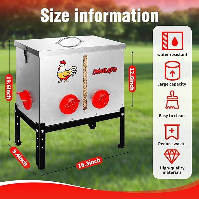 Automatic Chicken Feeder 40LB, Large Metal Poultry Feeder No Waste Design, Rat Rodent Proof Chicken Feeder with Locking Lid, Visual Window & Adjustable Legs, Weatherproof Chicken Coop Feeder